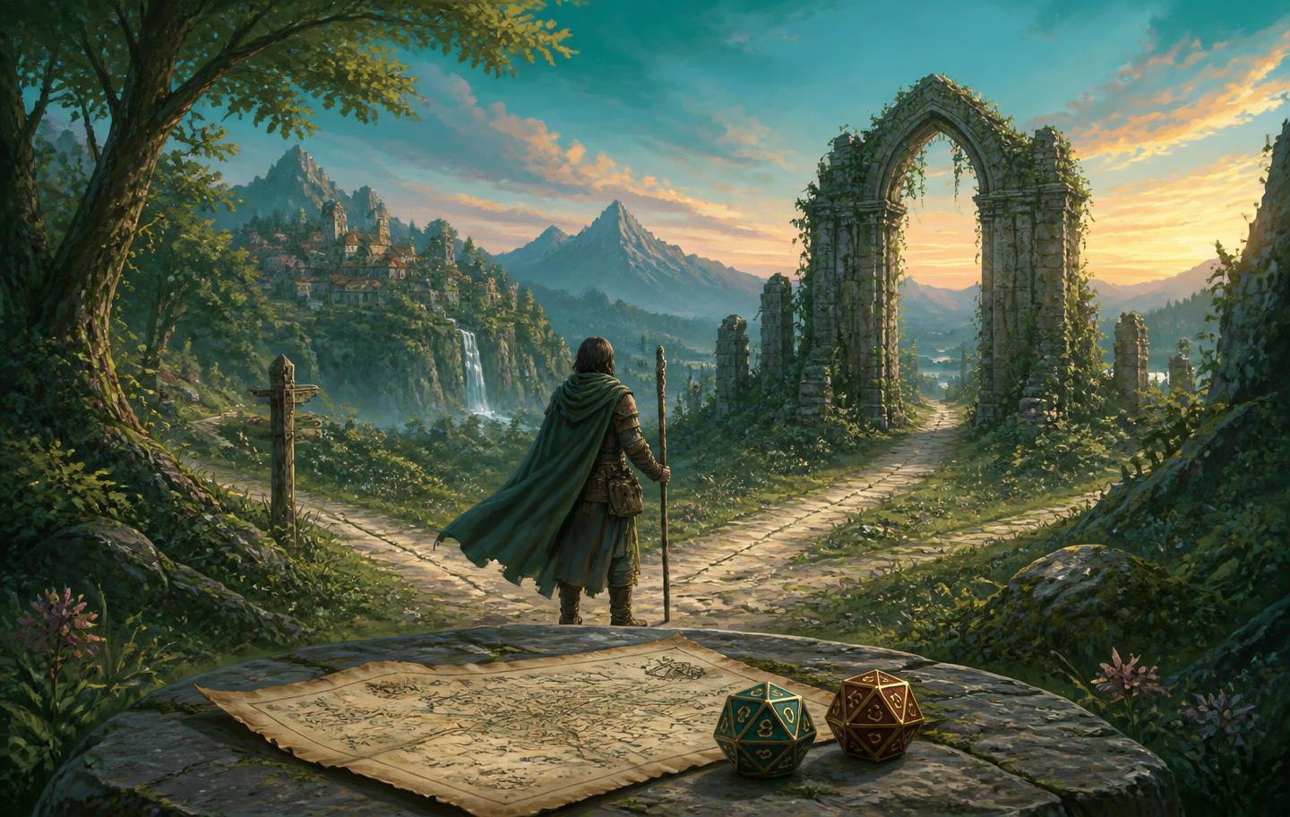 Rollspelsillustration med en äventyrare vid ett vägskäl, karta och tärningar